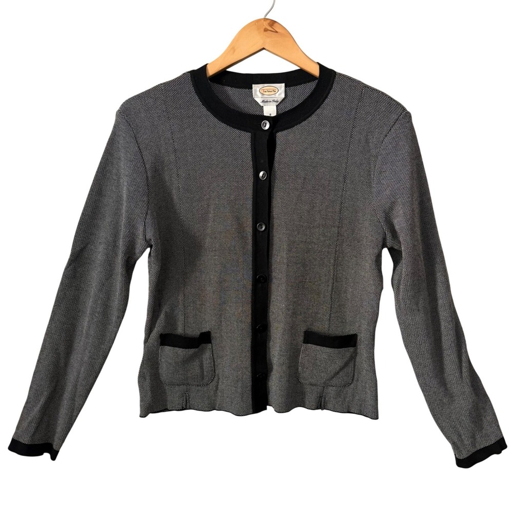 Talbots Made in Italy Sz Sm Black White Micro Knit Button Front Cardigan Sweater